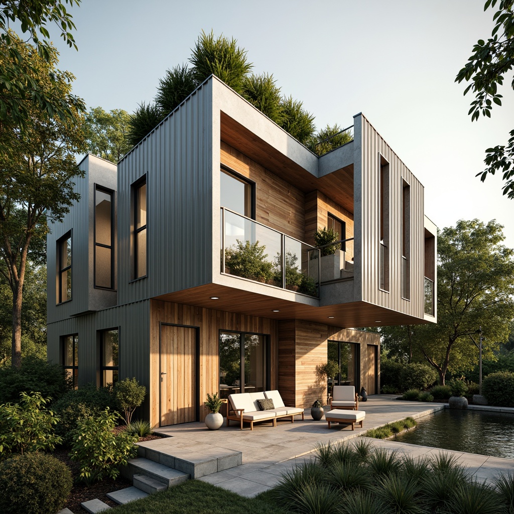 Prompt: Eco-friendly residential building, recycled metal facade, low-carbon concrete walls, reclaimed wood accents, green roofs, solar panels, wind turbines, rainwater harvesting systems, natural stone flooring, bamboo furnishings, minimalist interior design, abundant natural light, soft warm lighting, shallow depth of field, 3/4 composition, panoramic view, realistic textures, ambient occlusion.