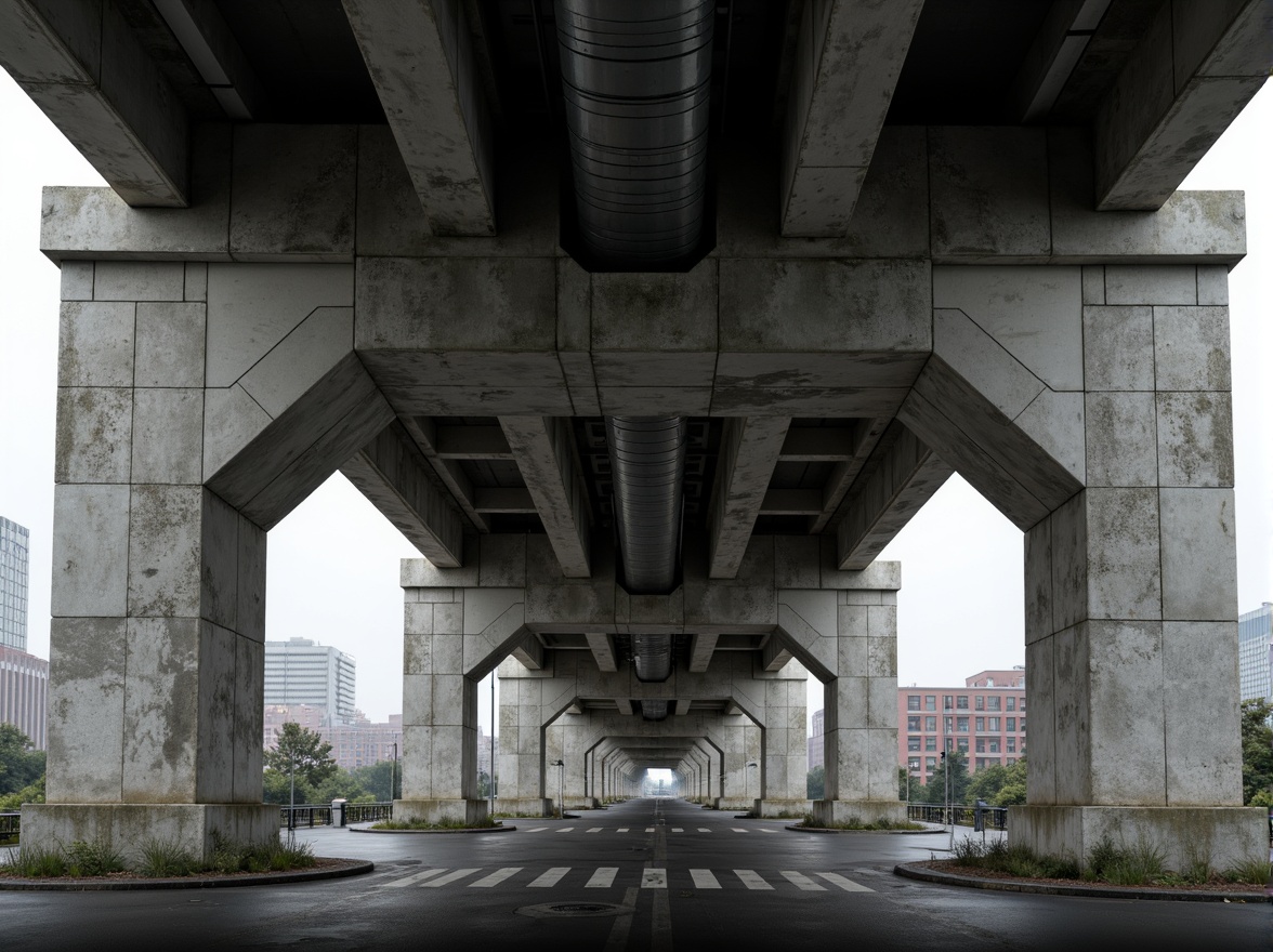 Prompt: Rugged concrete bridge, industrial aesthetic, raw textures, exposed ductwork, functional simplicity, urban landscape, cityscape views, dramatic arches, cantilevered sections, steel cable suspensions, brutalist architecture, modern infrastructure, grey tones, weathered finishes, harsh lighting, deep shadows, 1/2 composition, low-angle shot, realistic materials, ambient occlusion.