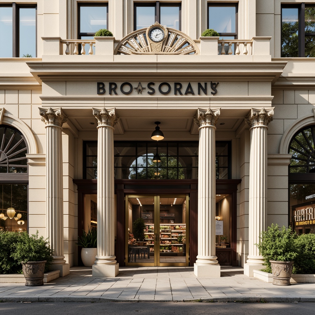 Prompt: Grandiose grocery store facade, ornate cornice details, ionic columns, symmetrical architecture, creamy stone walls, bronze door handles, decorative pilasters, arched windows, subtle moldings, elegant signage, traditional clock tower, neutral color palette, warm artificial lighting, shallow depth of field, 1/1 composition, realistic textures, ambient occlusion.