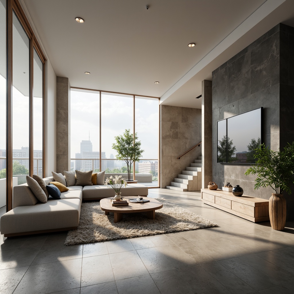 Prompt: Sleek living room, minimalist decor, monochromatic color scheme, polished concrete floor, modern low-profile furniture, floor-to-ceiling windows, natural light pouring in, subtle textures, industrial-chic lighting fixtures, sparse decorative objects, elegant simplicity, calming atmosphere, soft warm glow, shallow depth of field, 1/1 composition, realistic renderings, ambient occlusion.