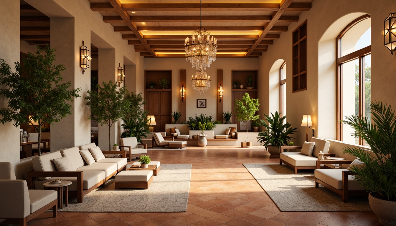 Prompt: Warm inviting lobby, rich wood accents, plush furniture, soft golden lighting, calming beige walls, earthy terracotta floors, vibrant greenery, natural stone features, elegant chandeliers, comfortable seating areas, warm neutral tones, soft pastel hues, cozy atmosphere, relaxing ambiance, serene color scheme, 1/2 composition, shallow depth of field, warm soft focus.