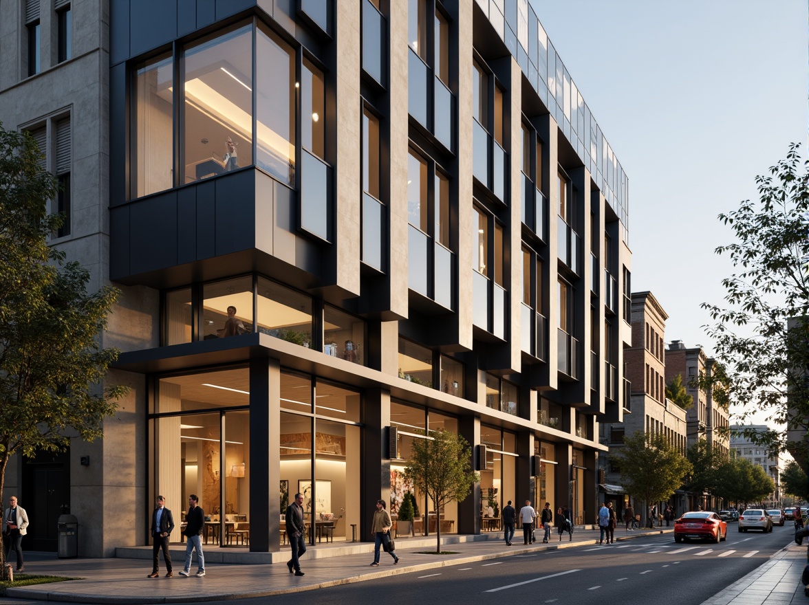 Prompt: Modern commercial building facade, sleek glass surfaces, neutral beige tones, rich charcoal accents, warm wood textures, polished metal details, vibrant LED lighting, urban cityscape, busy street scene, morning commute hour, soft natural light, shallow depth of field, 1/2 composition, realistic reflections, ambient occlusion.