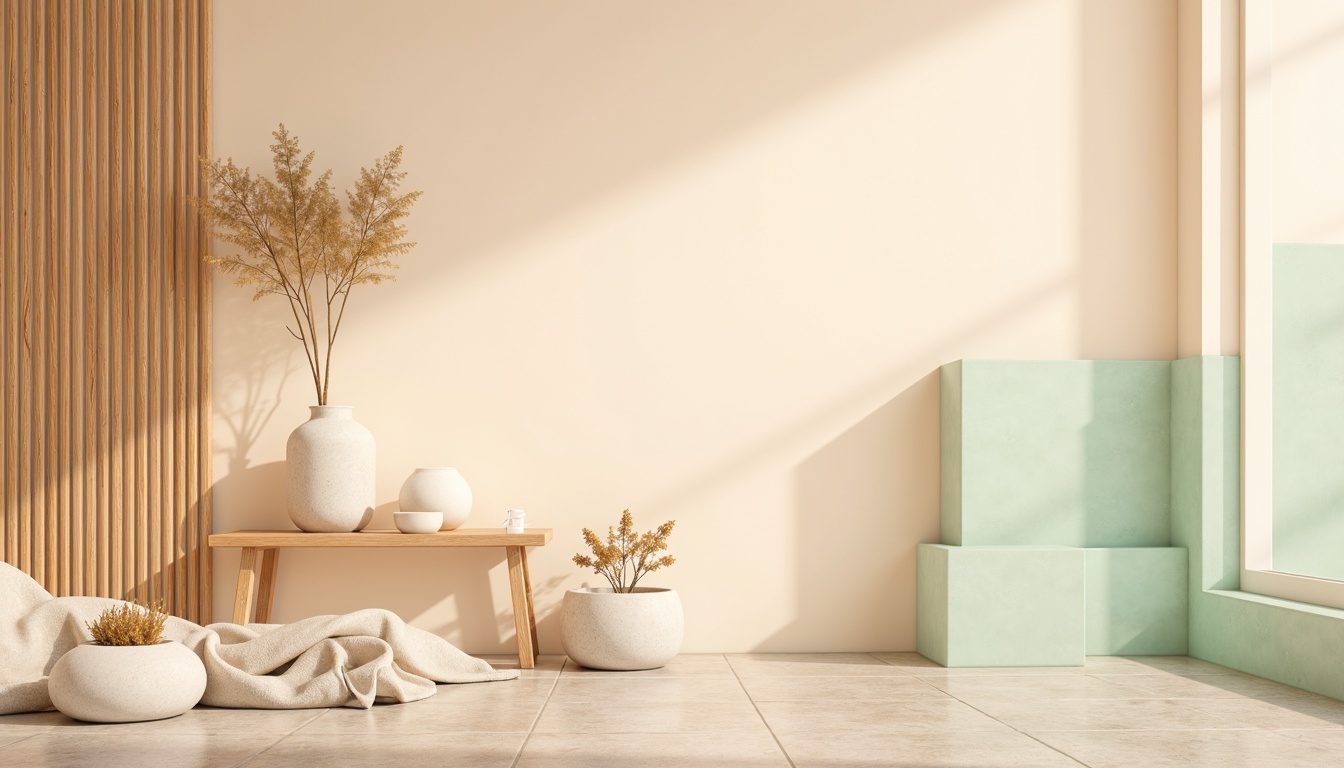 Prompt: Soft peach tones, calming beige backgrounds, gentle mint accents, warm golden lighting, creamy whites, rich wood textures, natural stone patterns, subtle gradient transitions, elegant typography, minimalist composition, shallow depth of field, 1/1 aspect ratio, realistic renderings, ambient occlusion.