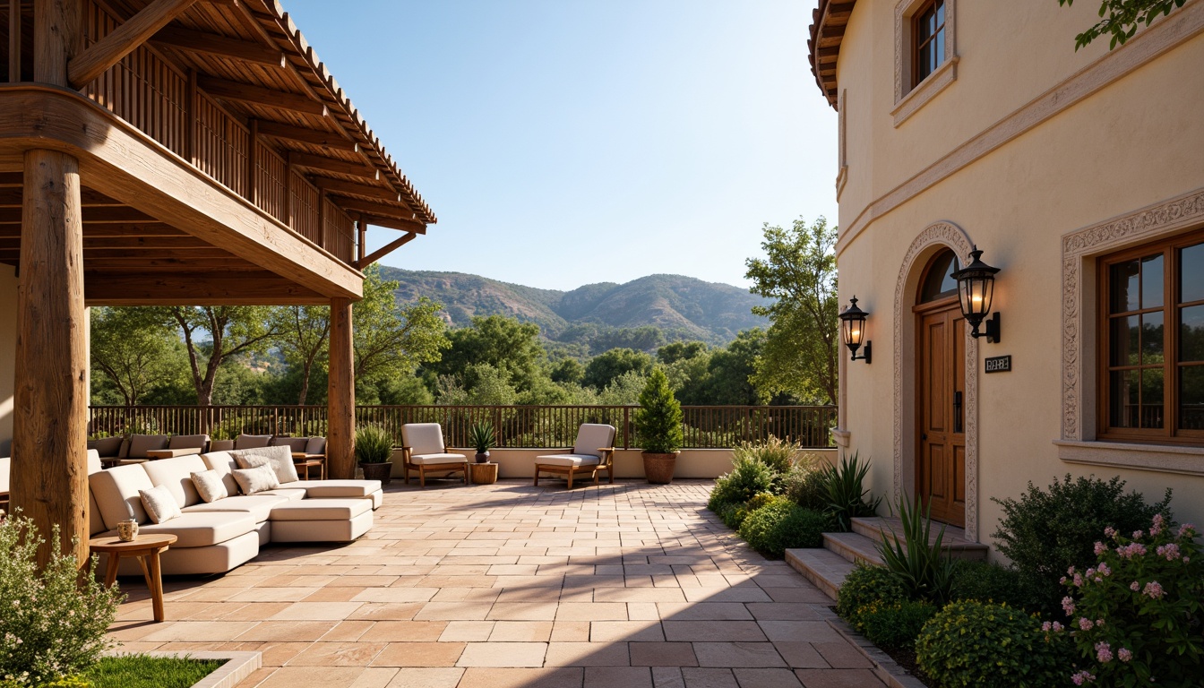 Prompt: Curved rooflines, traditional regional architecture, rustic wooden beams, terracotta tiles, earthy color palette, Mediterranean landscape, olive trees, rolling hills, warm sunny day, soft natural lighting, shallow depth of field, 1/1 composition, symmetrical view, realistic textures, ambient occlusion, ornate ceramic decorations, arched windows, stucco walls, vintage metal lanterns, lush greenery, blooming flowers.