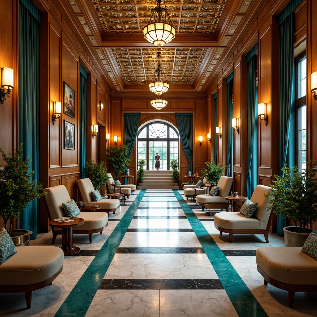 Prompt: Luxurious school hallway, ornate metalwork, geometric patterns, lavish chandeliers, rich wood paneling, elegant staircases, sophisticated furniture, vibrant turquoise accents, bold black outlines, opulent marble floors, intricate moldings, decorative ceiling details, grand entranceways, symmetrical composition, warm golden lighting, shallow depth of field, 1/1 aspect ratio, ornate door handles, stylish sconces, lavish curtains, refined textures.