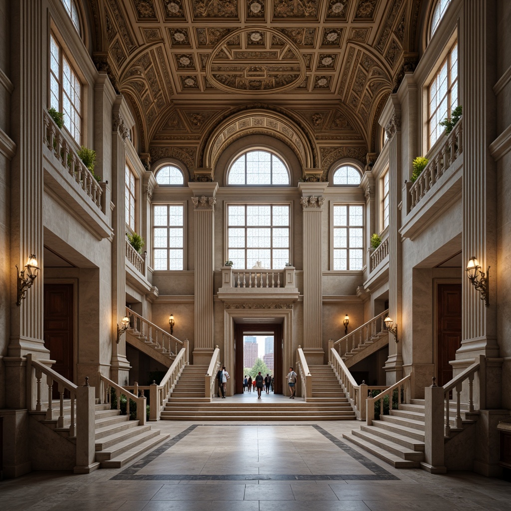 Prompt: Grandiose government building, ornate Corinthian columns, symmetrical facade, rusticated stone walls, arched windows, decorative balustrades, sweeping staircases, grand entrance halls, high ceilings, crystal chandeliers, marble floors, classical sculptures, intricate moldings, subtle color palette, natural lighting, shallow depth of field, 2/3 composition, realistic textures, ambient occlusion.