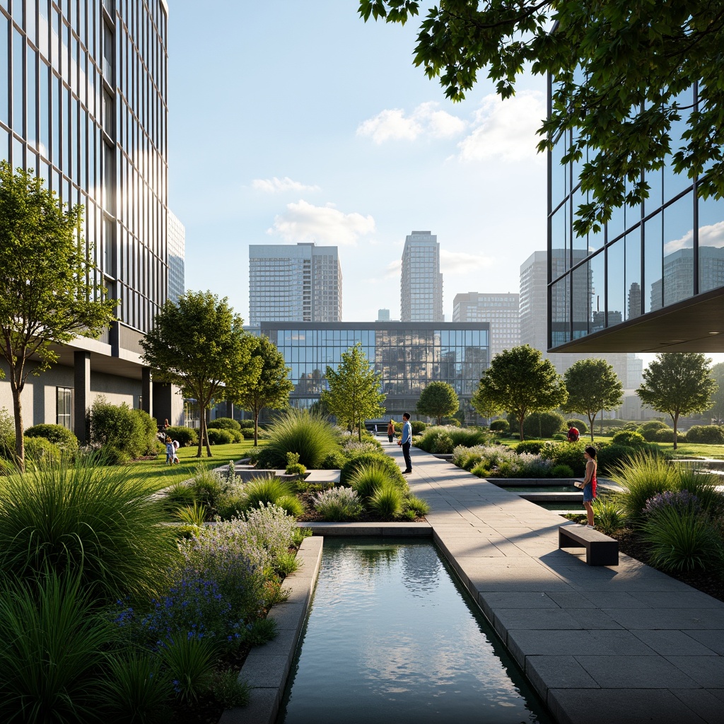 Prompt: Modern international bank building, sleek glass fa\u00e7ade, minimalist architecture, lush green roof garden, tranquil water feature, natural stone walkways, vibrant tropical plants, warm sunny day, soft diffused lighting, shallow depth of field, 3/4 composition, panoramic view, realistic textures, ambient occlusion.