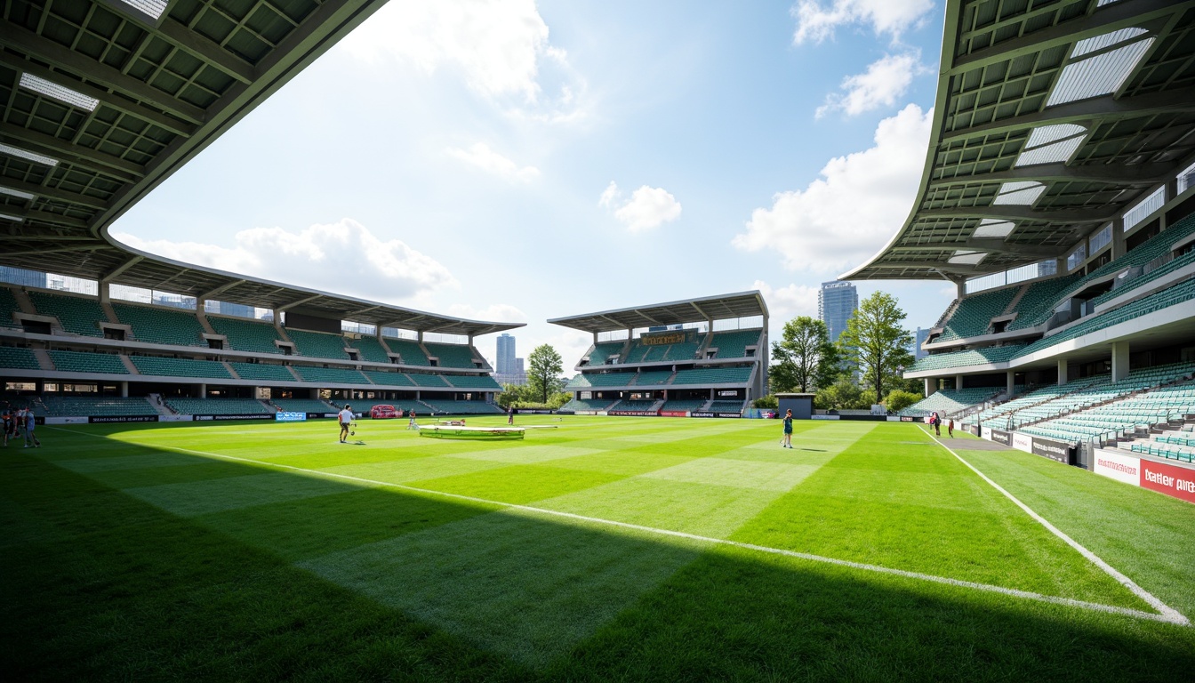 Prompt: Green football pitch, lush natural grass, vibrant stadium lights, grandstand seating, sports equipment, athletic tracks, scoreboard displays, modern architecture, curved lines, steel structures, cantilevered roofs, open-air concourses, urban landscape, city skyline views, sunny day, dramatic shadows, low-angle shot, 1/2 composition, symmetrical framing, realistic textures, ambient occlusion.