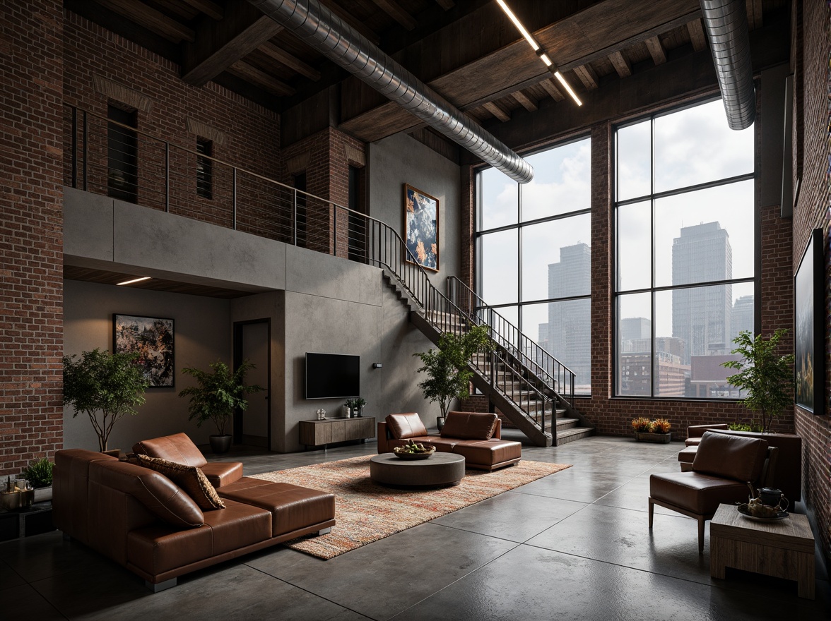 Prompt: Exposed brick walls, industrial pipes, metal beams, reclaimed wood accents, sleek modern lines, minimalist decor, urban cityscape, cloudy grey sky, natural light pouring through large windows, polished concrete floors, metallic staircase, functional lighting fixtures, geometric patterns, brutalist architecture, renovated warehouse, open-plan living space, eclectic art pieces, distressed leather furniture, rich textiles, moody color palette, dramatic shadows, high contrast lighting, cinematic composition, atmospheric fog effect.