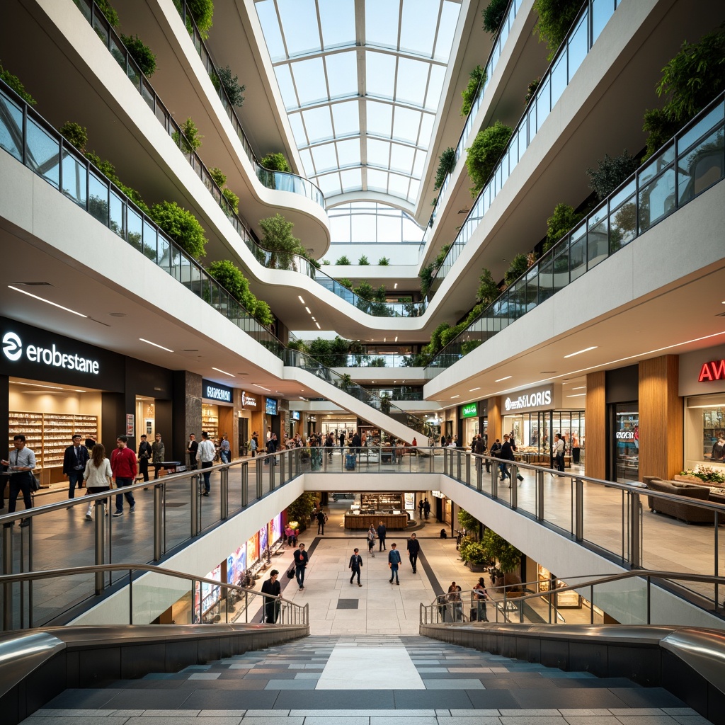 Prompt: Modern shopping center interior, sleek polished floors, gleaming stainless steel railings, curved escalators, spacious atriums, natural light pouring in, vibrant colorful branding, trendy kiosks, minimalist product displays, comfortable seating areas, lush green walls, wooden accents, indirect warm lighting, soft background music, shallow depth of field, 1/2 composition, realistic textures, ambient occlusion.