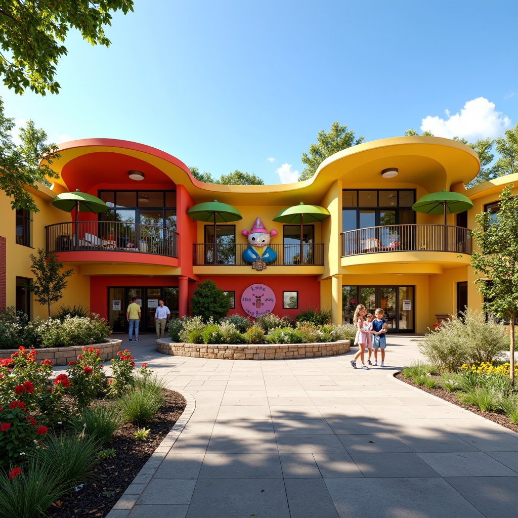 Prompt: Colorful kindergarten facade, playful roof shapes, vibrant murals, whimsical sculptures, rounded columns, bright yellow walls, red doors, green canopies, interactive outdoor play areas, educational signage, safety railings, wheelchair-accessible ramps, natural stone foundations, modern architecture, large windows, transparent glass doors, blooming flowers, sunny day, soft warm lighting, shallow depth of field, 3/4 composition, panoramic view, realistic textures, ambient occlusion.