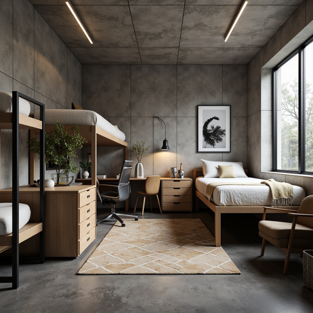 Prompt: Simple dorm room, minimal decor, monochromatic color scheme, industrial-style metal frames, reclaimed wood furniture, raw concrete walls, polished cement floors, sleek LED lighting, compact storage solutions, ergonomic chairs, geometric-patterned textiles, neutral tone fabrics, natural fiber rugs, subtle wall art, soft warm glow, shallow depth of field, 1/1 composition, realistic textures.