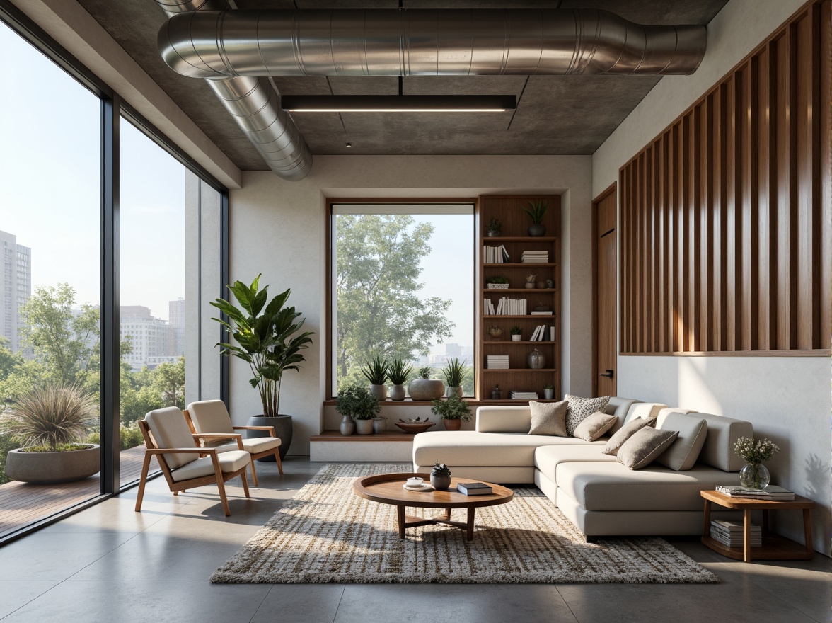 Prompt: Modern minimalist living room, sleek low-profile furniture, polished concrete flooring, industrial-chic exposed ductwork, floor-to-ceiling windows, natural daylight, cozy reading nook, plush sectional sofa, geometric patterned rug, metallic accent walls, recessed LED lighting, 3/4 composition, soft warm color palette, ambient occlusion.