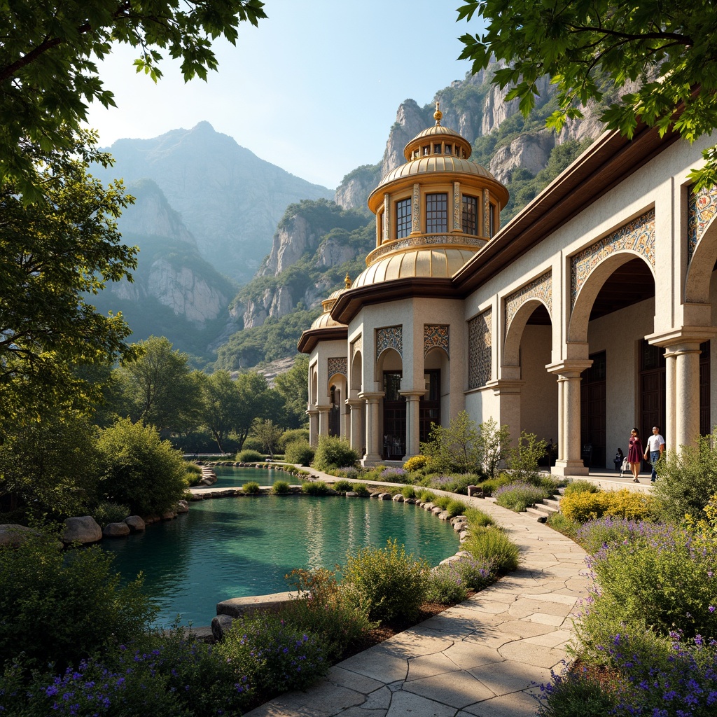 Prompt: Lush greenery, serene lake, majestic mountains, ornate Byzantine architecture, golden domes, intricate stone carvings, vibrant mosaics, rustic wooden accents, weathered stone walls, grand archways, columnar structures, mystical ambiance, warm golden lighting, shallow depth of field, 1/1 composition, panoramic view, realistic textures, ambient occlusion.