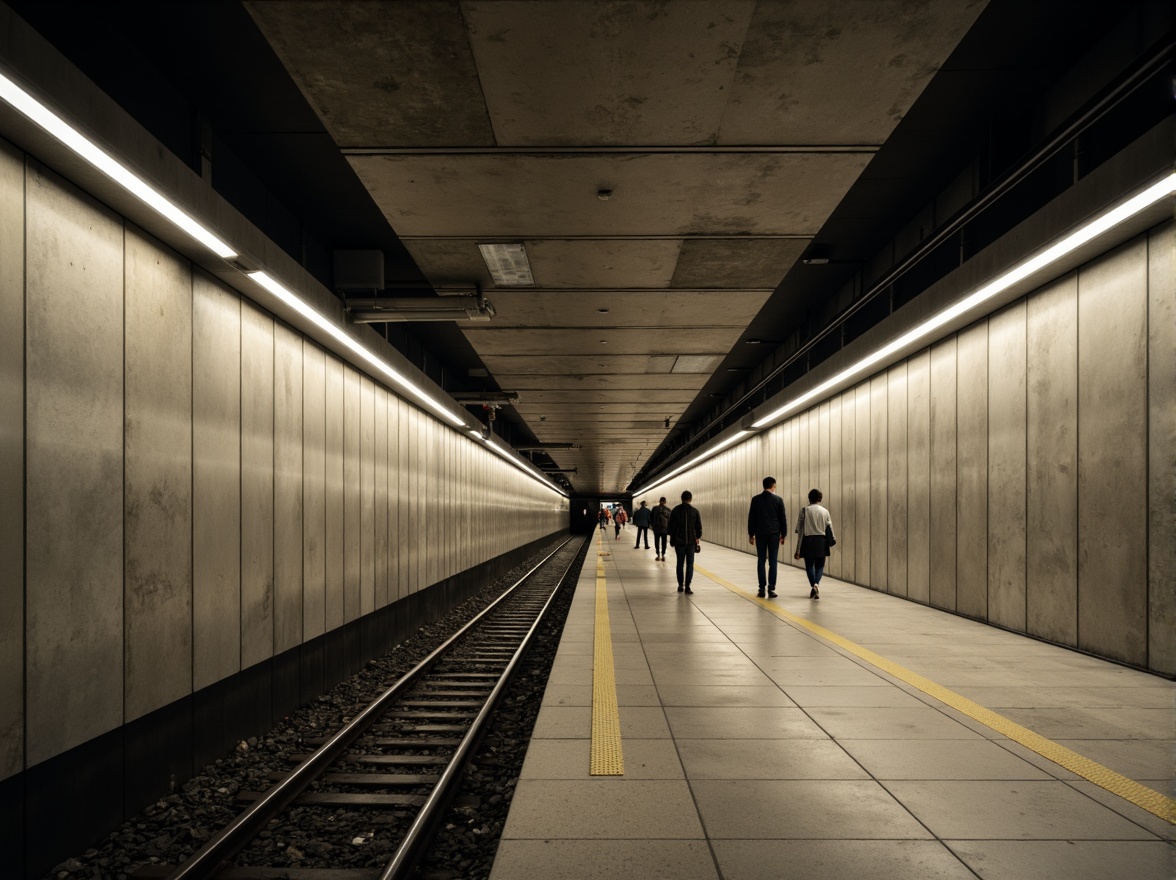 Prompt: Underground metro station, sleek minimalism design, industrial aesthetic, exposed concrete walls, steel beams, modern LED lighting, soft ambient glow, subtle color temperature changes, warm tone spotlights, futuristic tunnel vision, abstract geometric patterns, clean lines, minimal ornamentation, functional simplicity, urban atmosphere, rush hour activity, morning commute, soft focus, shallow depth of field, 1/2 composition, realistic textures, ambient occlusion.