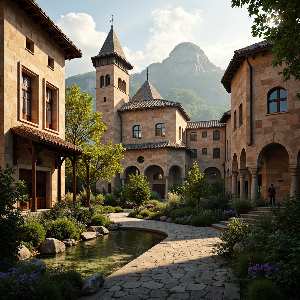 Prompt: Intricate monastery architecture, rustic stone walls, curved rooflines, terracotta tiles, ornate finials, grand bell towers, peaceful courtyards, lush greenery, serene water features, natural stone pathways, warm golden lighting, soft ambient occlusion, 1/2 composition, atmospheric perspective, realistic textures.