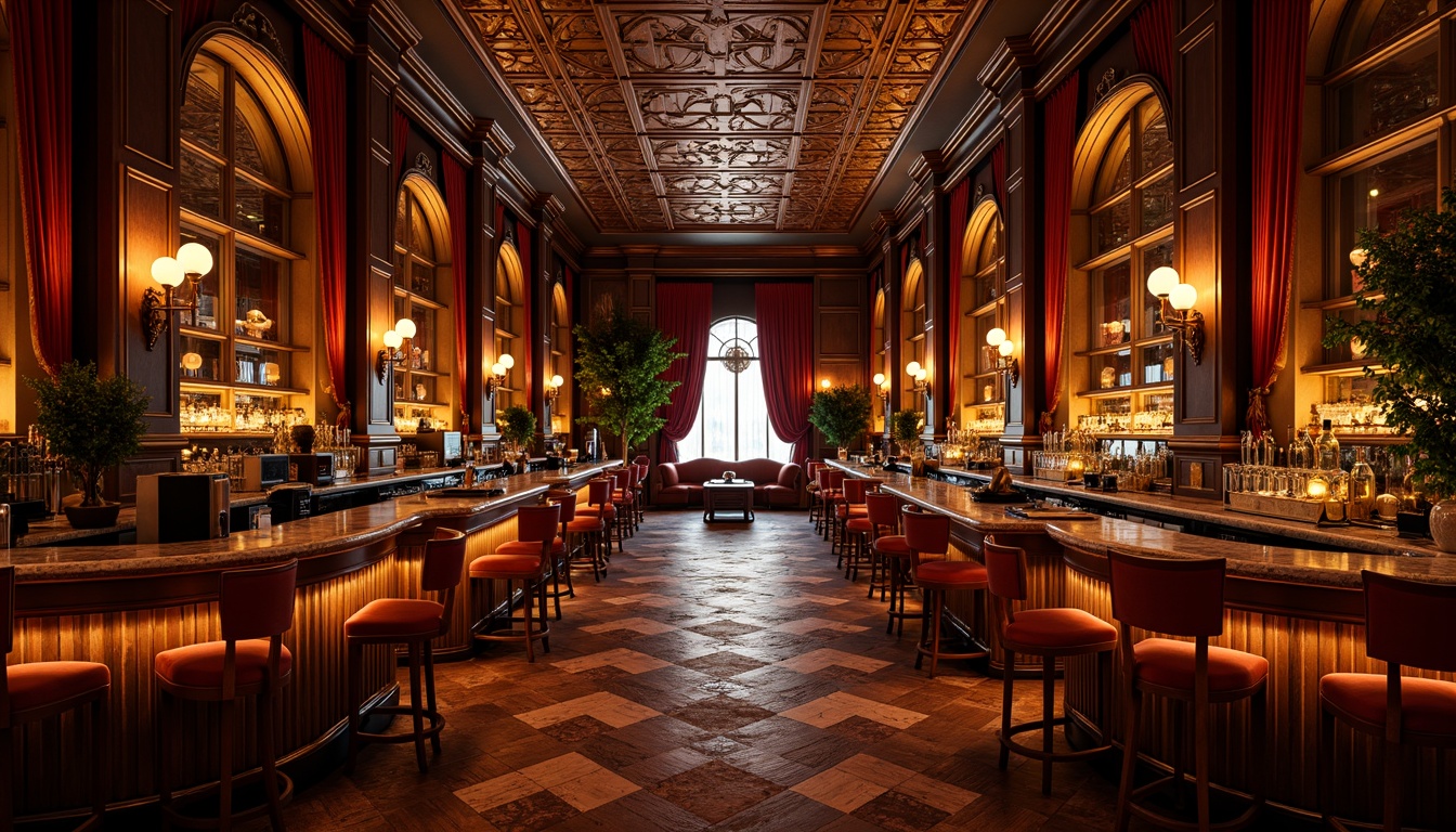 Prompt: Richly ornamented bar interior, lavish textures, velvet drapes, luxurious marble countertops, metallic accents, gleaming chrome fixtures, dimly lit atmosphere, warm golden lighting, ornate mirrors, intricate patterns, bold geometric shapes, lavish furnishings, plush upholstery, opulent materials, dramatic color contrasts, high-contrast photography, shallow depth of field, 1/2 composition, cinematic mood, atmospheric haze.