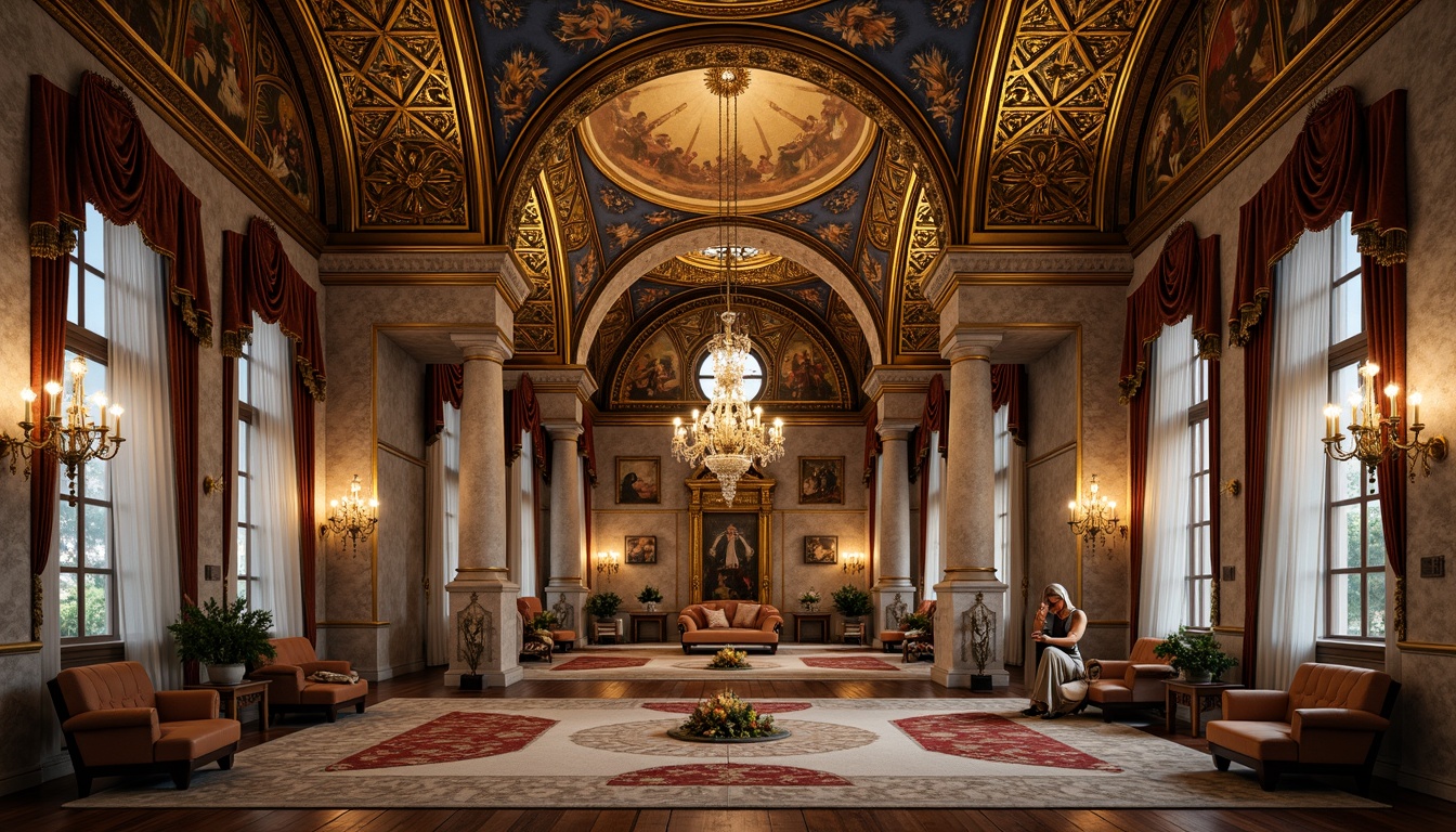 Prompt: \Intricate mosaic patterns, golden accents, ornate arches, grand domes, lavish frescoes, richly textured fabrics, majestic stone columns, intricate carvings, regal throne-like furniture, opulent chandeliers, warm candlelight, soft focus, shallow depth of field, 1/1 composition, detailed textures, ambient occlusion.\This prompt incorporates ornate details in Byzantine style design, including architectural elements, decorative features, and atmospheric conditions.