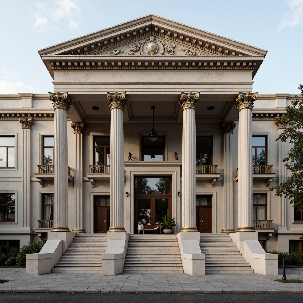 Prompt: Grandiose neoclassical facade, majestic columns, ornate capitals, carved marble details, symmetrical composition, rusticated base, fluted shafts, ionic volutes, polished bronze accents, elegant pediments, refined stucco surfaces, subtle color palette, soft afternoon lighting, shallow depth of field, 1/1 composition, realistic textures, ambient occlusion.