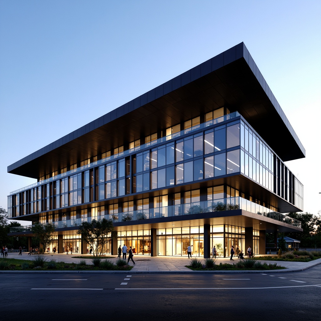 Prompt: Intricate facade articulation, modern gymnasium design, sleek metal cladding, large glass windows, cantilevered roofs, dynamic angular lines, bold color schemes, athletic track surroundings, stadium seating, floodlighting, dramatic shading, 3/4 composition, high contrast textures, realistic reflections, ambient occlusion.