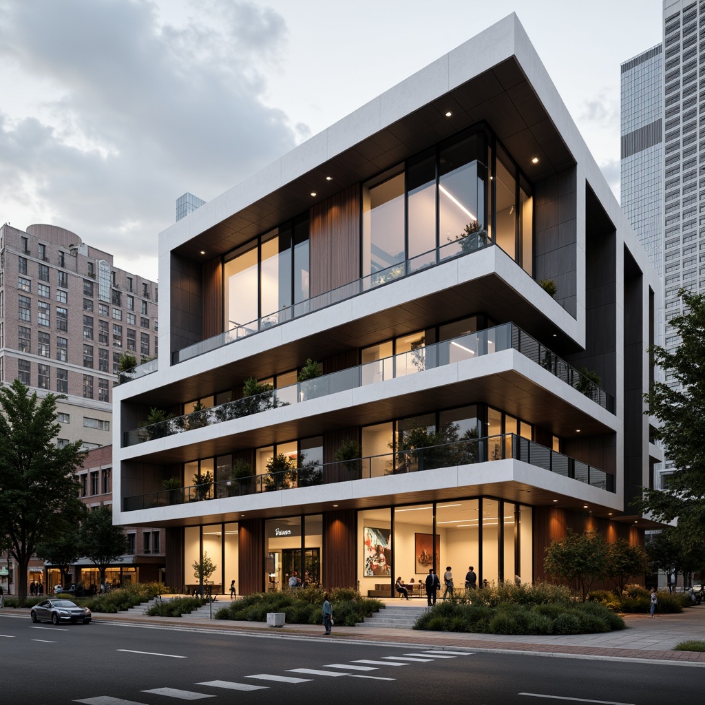 Prompt: Monochromatic modern building, sleek metallic accents, matte black roofs, polished chrome details, creamy white walls, rich walnut wood tones, bold crimson highlights, soft sage greenery, urban cityscape backdrop, cloudy gray skies, warm golden lighting, shallow depth of field, 2/3 composition, realistic reflections, ambient occlusion.