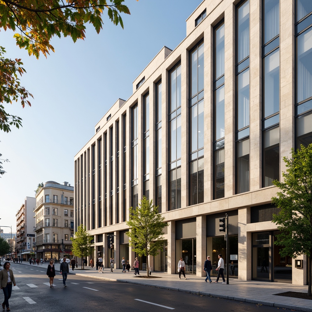 Prompt: Modern commercial building facade, neutral color scheme, beige stone walls, large glass windows, silver aluminum frames, sleek minimalist design, urban cityscape background, busy streets, morning sunlight, soft warm lighting, shallow depth of field, 3/4 composition, realistic textures, ambient occlusion.