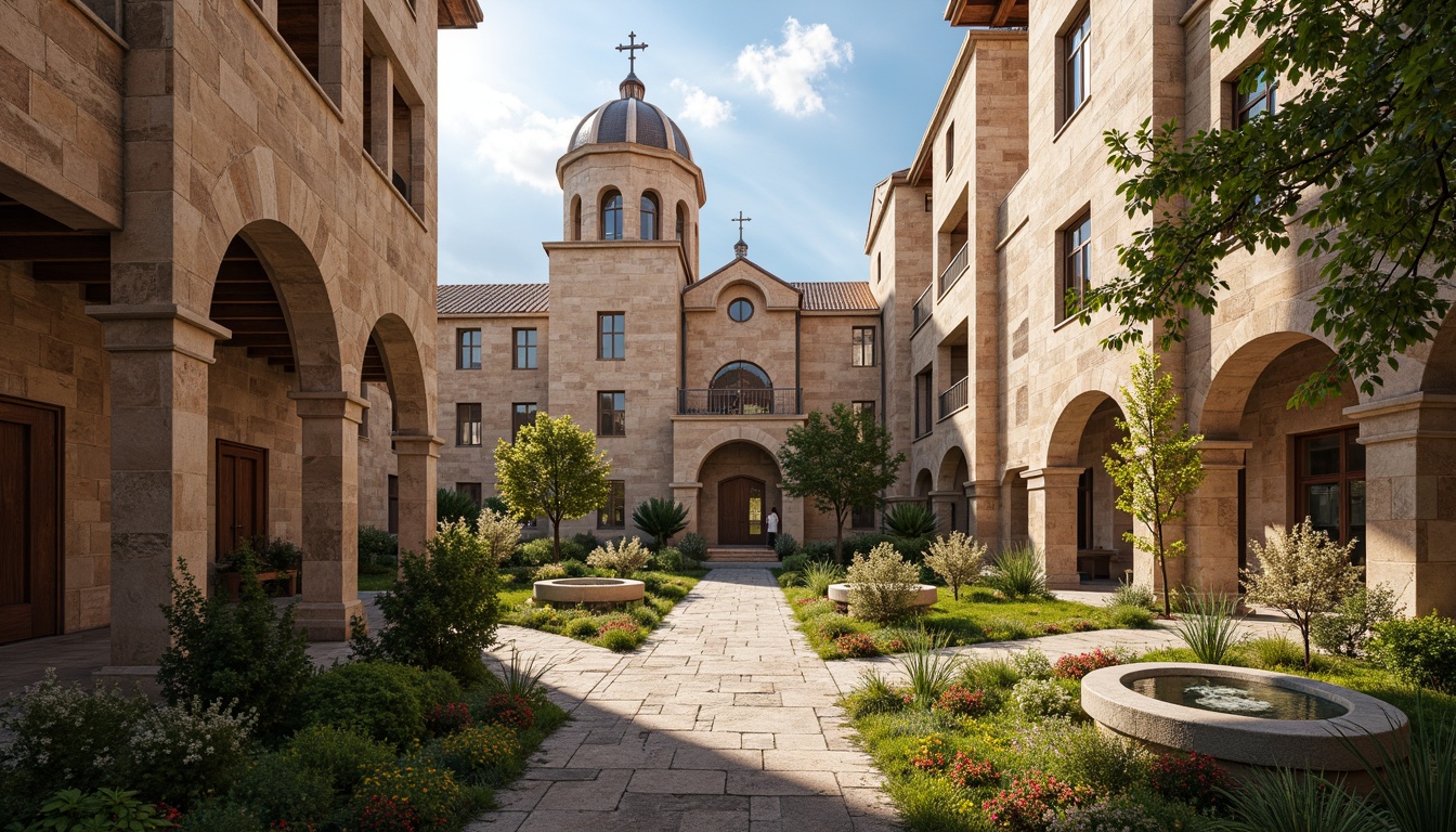 Prompt: Intricate monastery buildings, international style architecture, rustic stone walls, curved rooflines, terracotta tiles, ornate crosses, grand bell towers, serene courtyards, lush greenery, vibrant flowers, tranquil water features, natural stone pathways, warm golden lighting, shallow depth of field, 1/2 composition, soft focus, realistic textures, ambient occlusion.