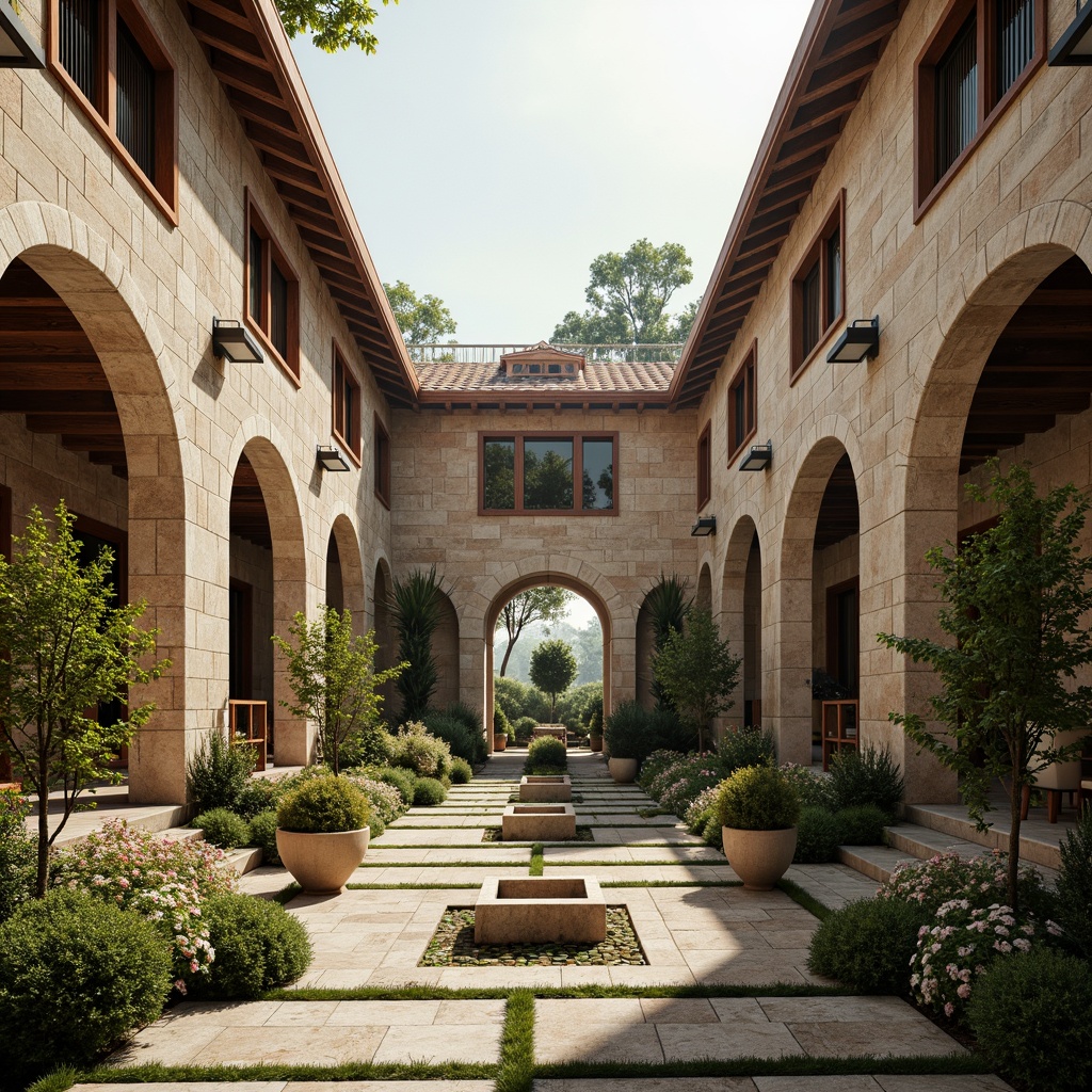 Prompt: \Soothing monastery architecture, earthy tone color palette, natural stone walls, rustic wooden accents, serene courtyard, lush greenery, vibrant flowers, peaceful water features, gentle morning light, soft warm illumination, shallow depth of field, 3/4 composition, panoramic view, realistic textures, ambient occlusion.\Let me know if you need any adjustments!