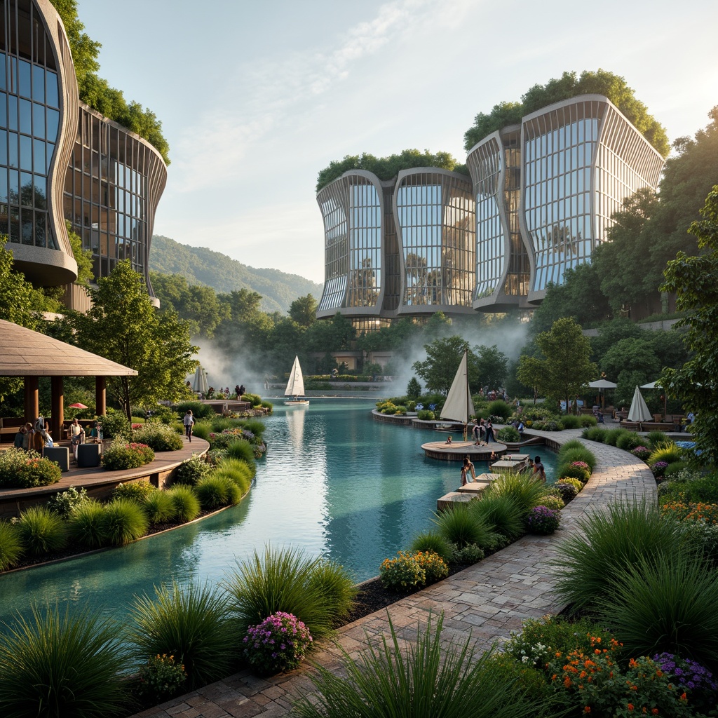 Prompt: Luxuriant casino resort, curvaceous blob-like structures, iridescent glass facades, lush green roofs, tropical vegetation, misty waterfalls, serene lakeside, wooden docks, sailboats, vibrant flower arrangements, natural stone pathways, meandering streams, soft warm lighting, shallow depth of field, 3/4 composition, panoramic view, realistic textures, ambient occlusion.