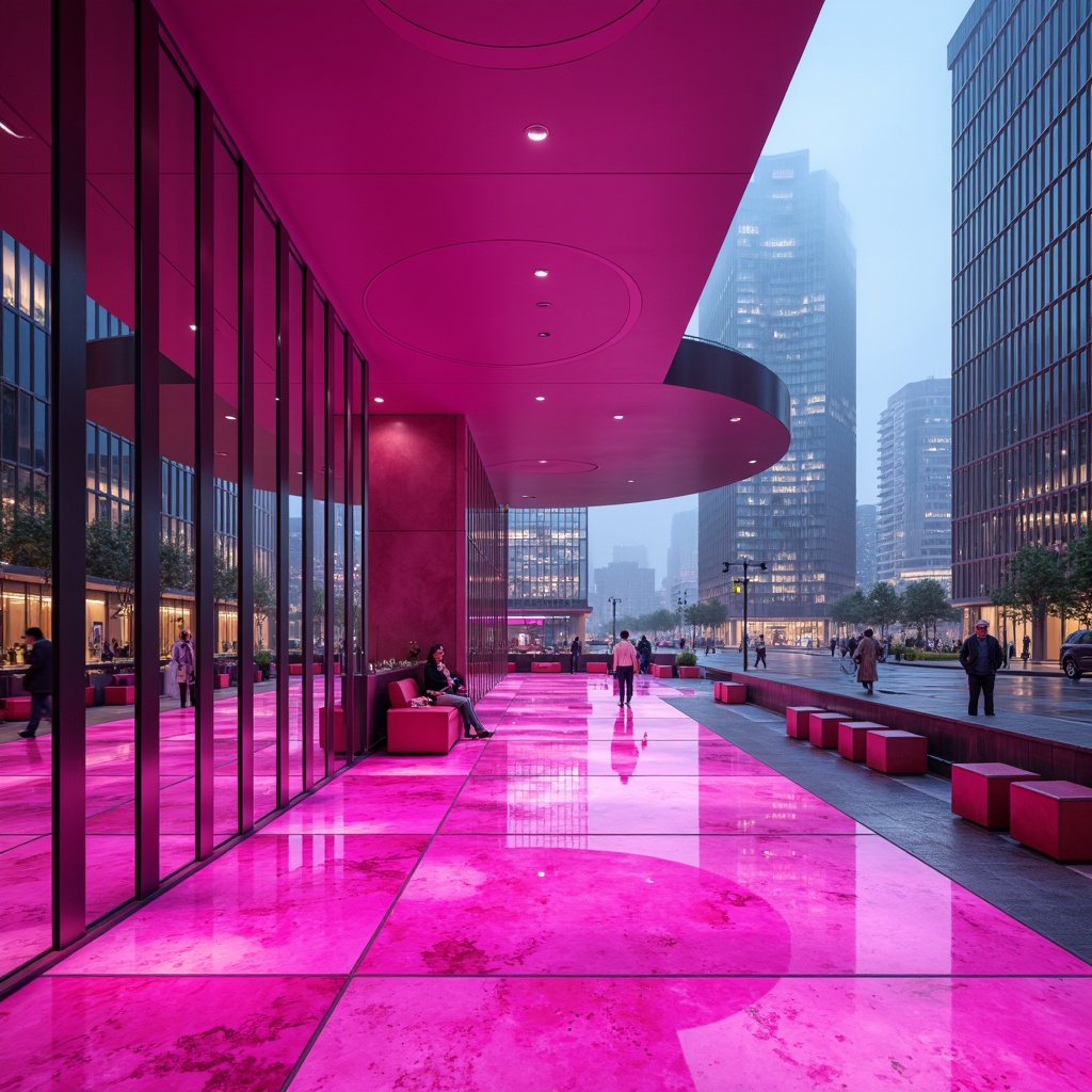 Prompt: Vibrant fuchsia accent walls, modern abstract architecture, sleek metallic structures, bold geometric patterns, bright pink marble floors, futuristic urban landscape, neon city lights, misty evening atmosphere, shallow depth of field, 1/1 composition, dramatic high-contrast lighting, realistic reflective surfaces, ambient occlusion.