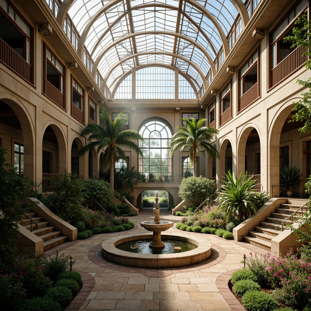 Prompt: Ornate greenhouse, renaissance-inspired architecture, lush botanical gardens, intricately designed fountains, ornamental stone statues, grand staircases, elegant archways, symmetrical walkways, vibrant flower arrangements, exotic tropical plants, majestic palm trees, soft misting systems, warm natural lighting, 1/1 composition, realistic textures, ambient occlusion.