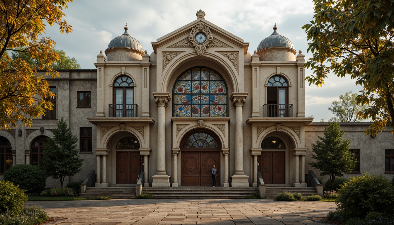 Prompt: Ancient monastery facade, eclectic architectural style, ornate stone carvings, intricate Gothic arches, Romanesque columns, Byzantine domes, vibrant stained glass windows, ornamental metalwork, rusty gateways, weathered stone walls, moss-covered rooftops, lush greenery, misty morning atmosphere, warm golden lighting, shallow depth of field, 1/2 composition, realistic textures, ambient occlusion.