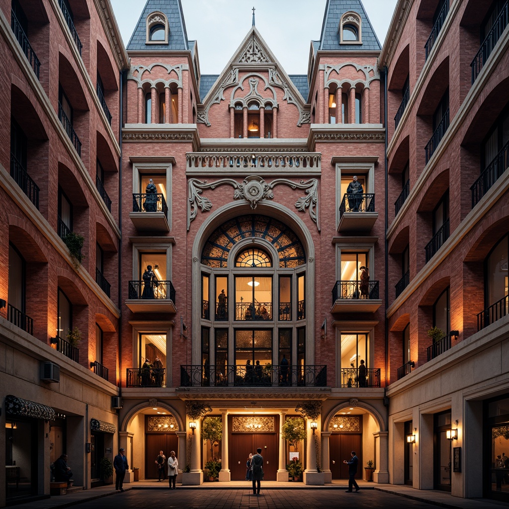 Prompt: Grandiose opera house, Romanesque facade, ornate stone carvings, vibrant red brick walls, grand archways, intricate column details, ornamental balconies, stained glass windows, Gothic-inspired spires, majestic entrance doors, golden accents, warm ambient lighting, dramatic shadows, high-contrast texture, 1/2 composition, symmetrical framing, atmospheric mist.