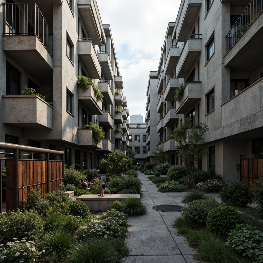 Prompt: Rugged brutalist residential complex, raw concrete buildings, bold geometric forms, industrial-style pipes, exposed ductwork, urban jungle atmosphere, overgrown vegetation, wildflowers, rusted metal fences, weathered wooden benches, stark shadows, dramatic high-contrast lighting, gritty textures, cinematic composition, narrow depth of field, 1/1 aspect ratio, realistic ambient occlusion.