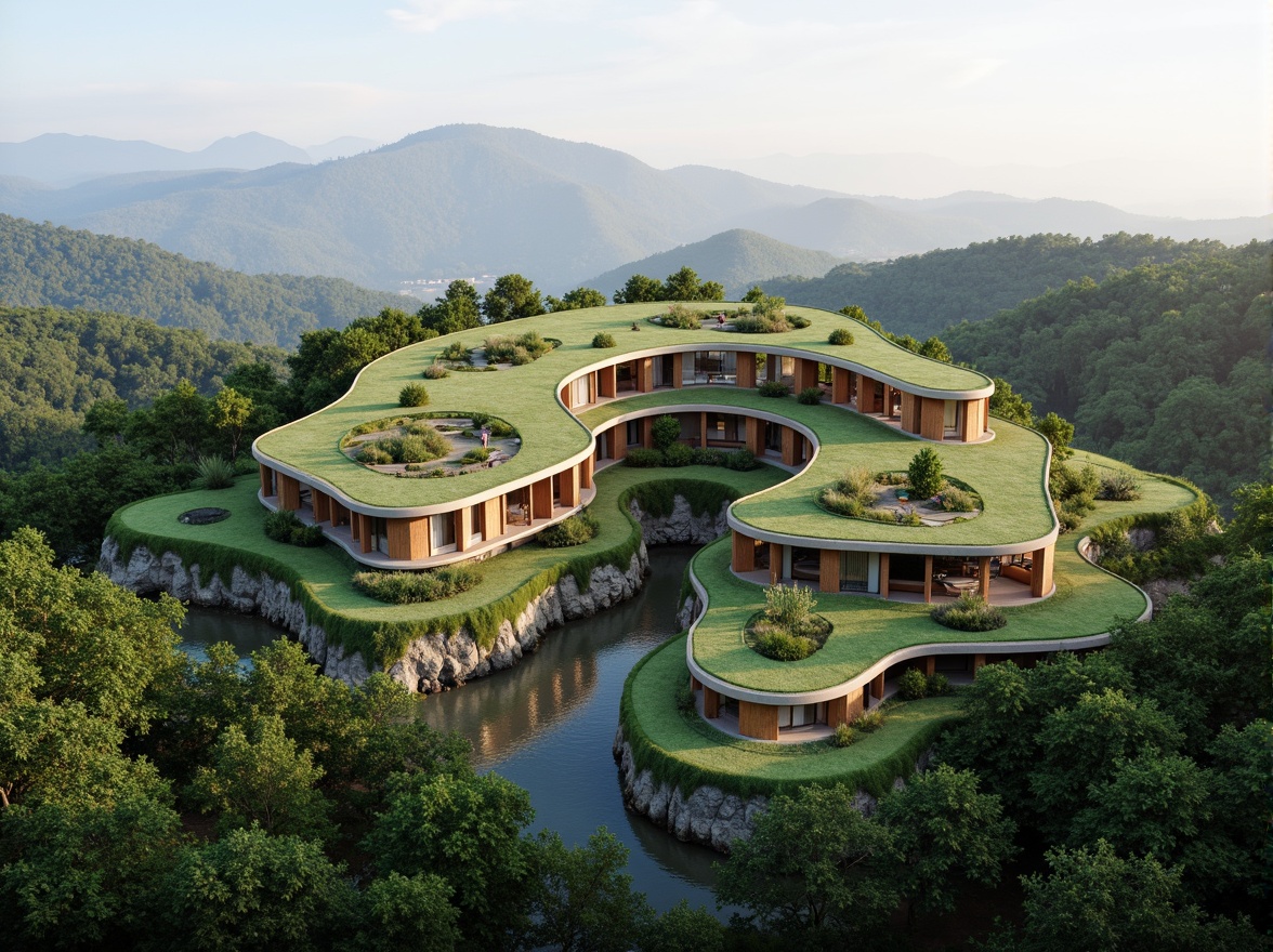 Prompt: Harmonious landscape integration, curved organic buildings, lush green roofs, cascading water features, natural stone walls, wooden accents, floor-to-ceiling windows, biophilic design, sustainable materials, native plant species, meandering pathways, scenic lookout points, gentle rolling hills, serene forest surroundings, misty morning atmosphere, soft diffused lighting, 1/2 composition, atmospheric perspective, realistic foliage rendering.