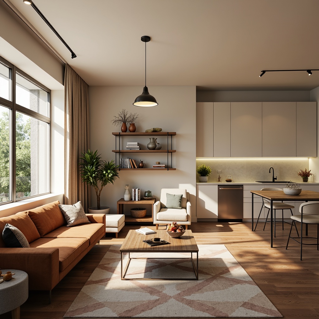 Prompt: Modern apartment interior, calm atmosphere, soft warm lighting, neutral beige walls, rich walnut wood flooring, plush velvet sofas, minimalist coffee tables, geometric patterned rugs, elegant pendant lamps, natural linen curtains, subtle pastel accents, creamy white kitchen cabinets, sleek stainless steel appliances, industrial metal shelves, earthy terracotta vases, vibrant greenery, cozy reading nook, 1/2 composition, warm color harmony, shallow depth of field.