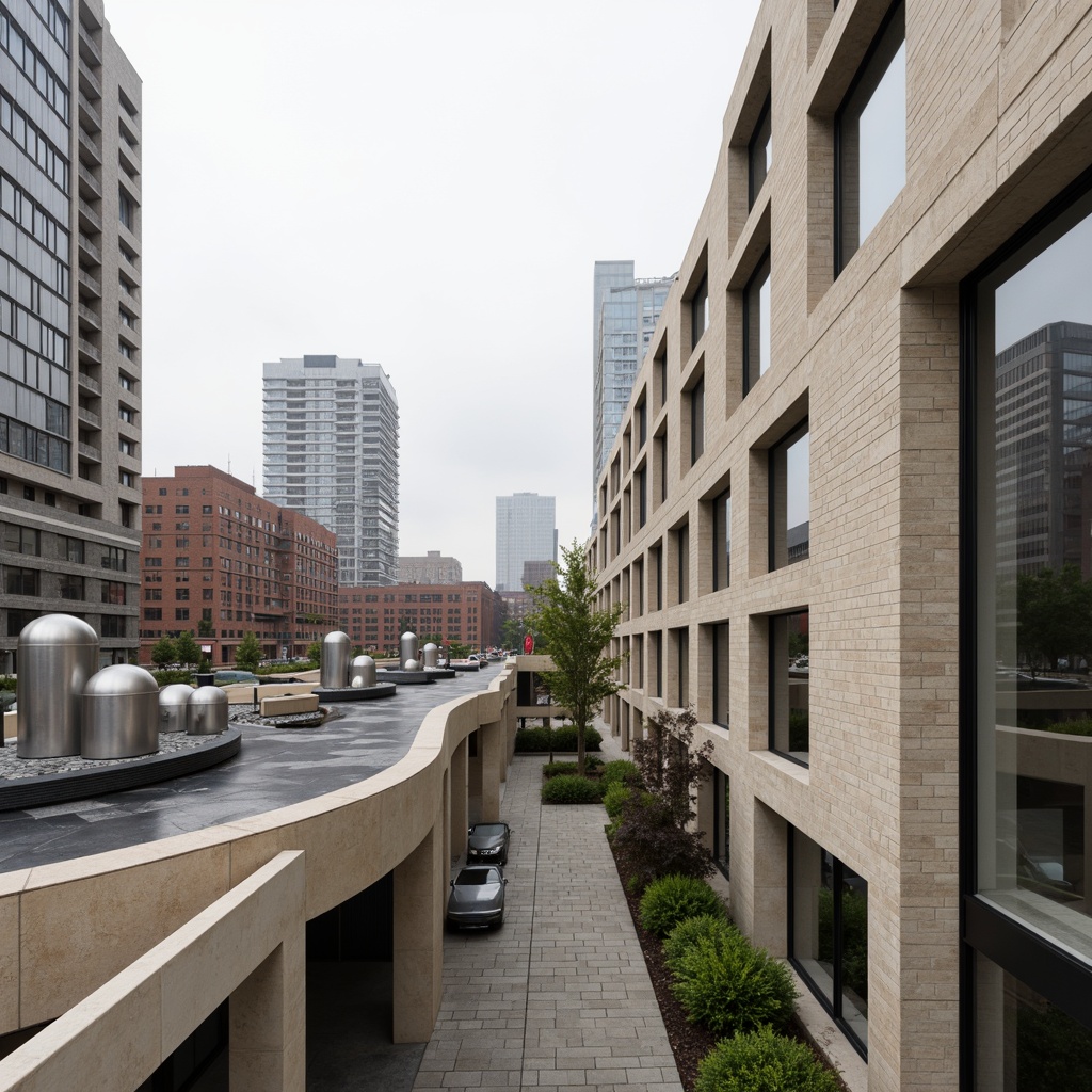 Prompt: Sleek modern buildings, curved lines, metallic accents, monochromatic color scheme, neutral tones, beige stone walls, dark grey roofs, polished chrome fixtures, floor-to-ceiling windows, minimalist decor, industrial chic, urban cityscape, overcast sky, soft diffused lighting, shallow depth of field, 1/1 composition, realistic textures, ambient occlusion.