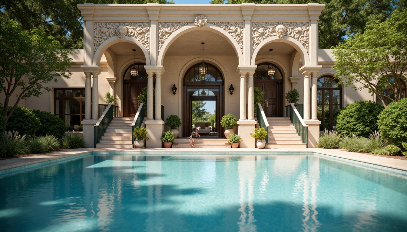 Prompt: Grandiose pool facade, ornate stone carvings, majestic columns, intricately patterned tiles, soft blue water reflections, lush greenery surroundings, vintage lanterns, elegant staircases, symmetrical architecture, classical statues, serene atmosphere, warm sunny day, shallow depth of field, 1/1 composition, realistic textures, ambient occlusion.