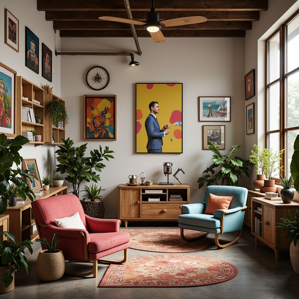 Prompt: Vibrant artistic studio, eclectic mix of vintage furniture, bold colorful accents, pastel hues, earthy tones, creamy whites, rich wood textures, industrial metal elements, modern abstract art pieces, statement lighting fixtures, cozy plush rugs, warm atmospheric glow, soft natural light, shallow depth of field, 1/1 composition, realistic textures, ambient occlusion.