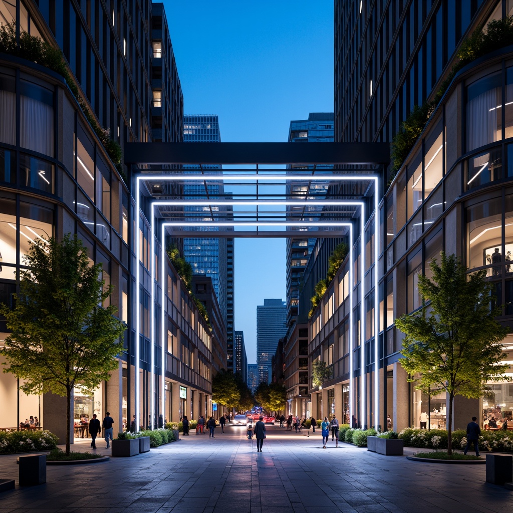 Prompt: Grand urban entrance gates, modern metallic framework, sleek glass doors, LED light installations, futuristic architectural design, high-rise buildings, city skyline views, bustling street scenes, pedestrian traffic, vibrant nighttime lighting, shallow depth of field, 3/4 composition, panoramic views, realistic textures, ambient occlusion.