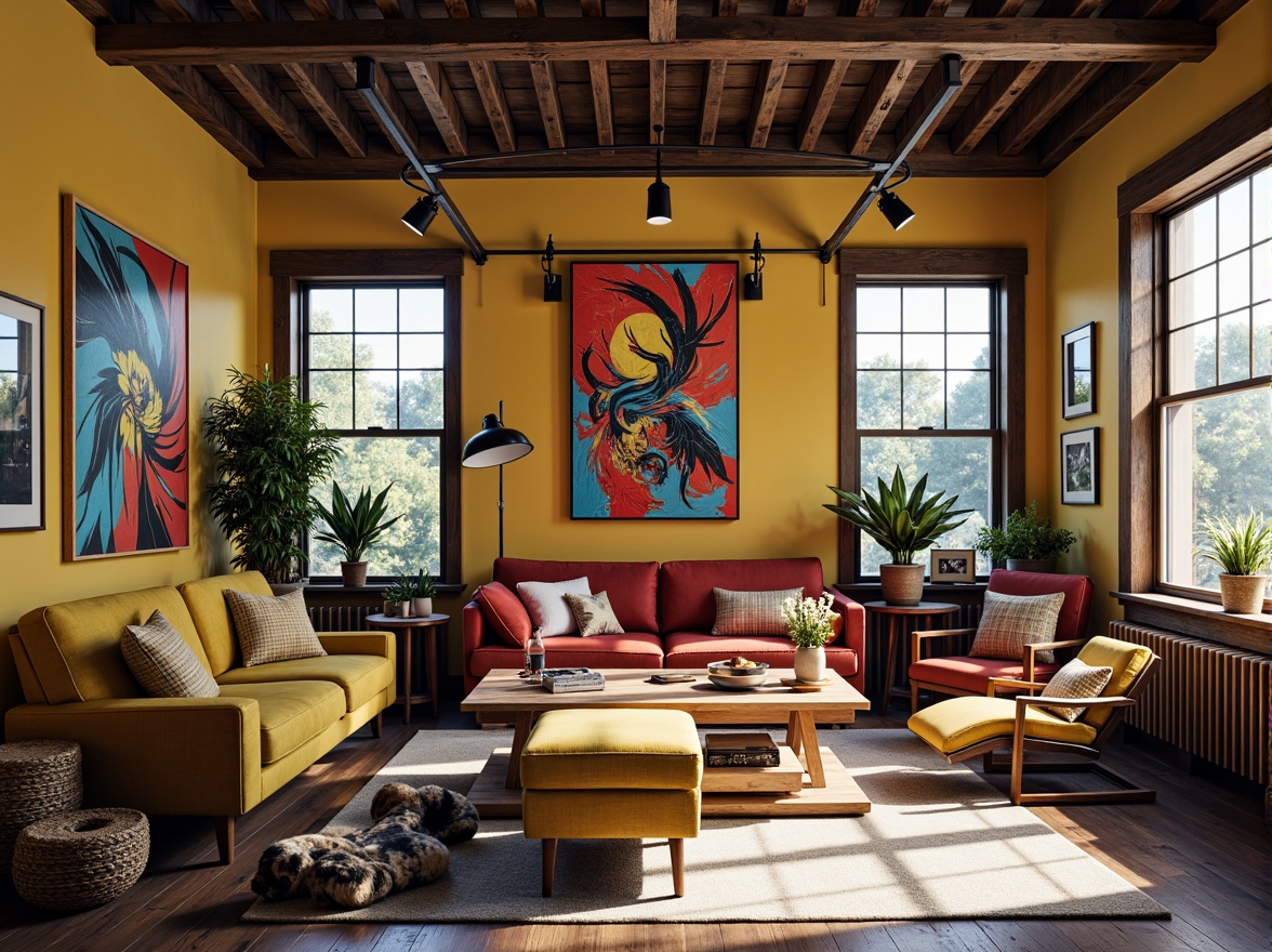 Prompt: Vibrant art studio, eclectic furniture, abstract artwork, bold color blocking, contrasting textures, industrial metal accents, reclaimed wood floors, modern track lighting, creative freedom, inspiring atmosphere, natural light pouring in, warm and cozy ambiance, shallow depth of field, 1/1 composition, soft focus, realistic render.