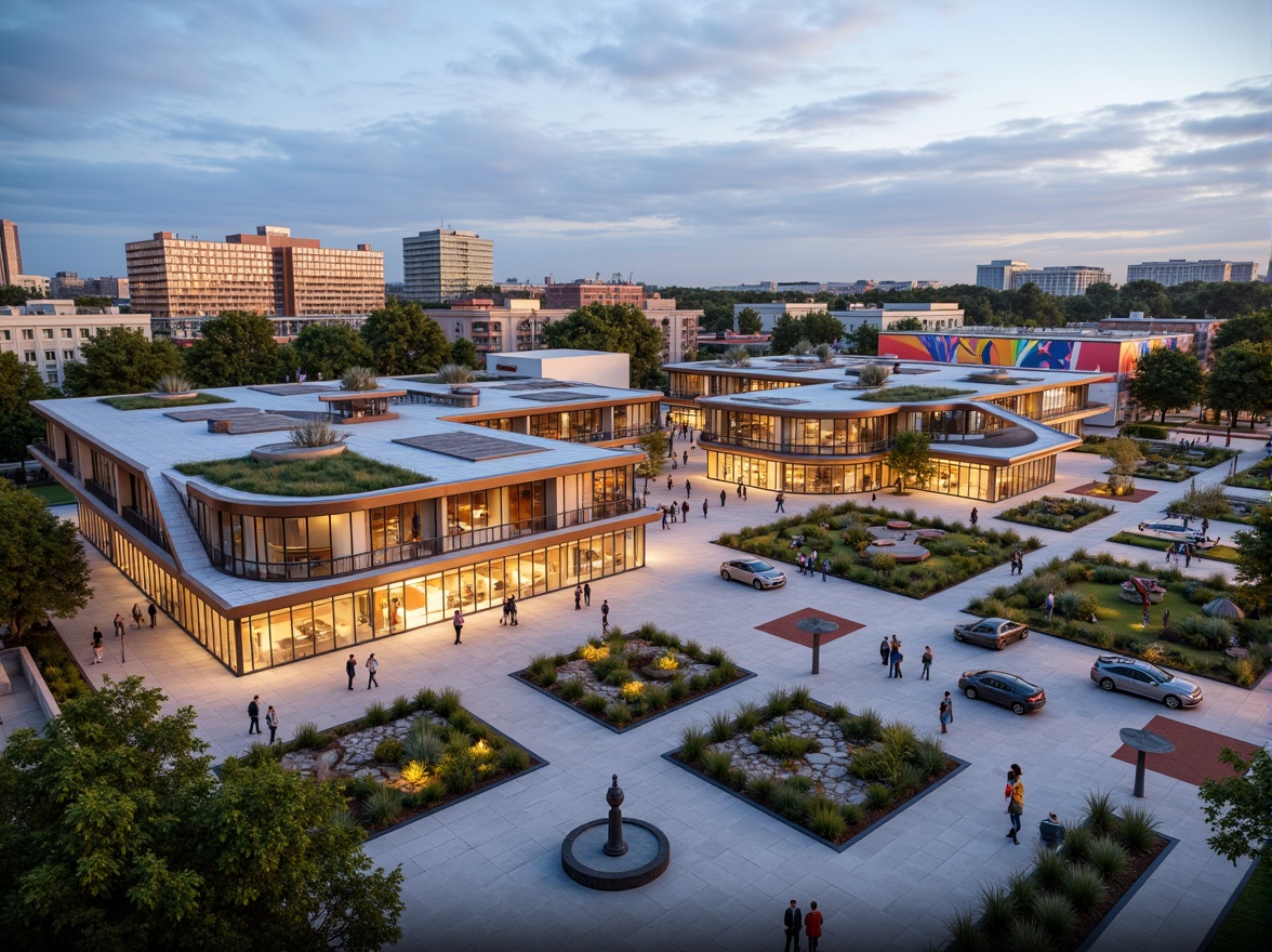 Prompt: Vibrant community center, modern angular buildings, large public plazas, pedestrian-friendly walkways, green roofs, urban gardens, inclusive playgrounds, accessible ramps, diverse cultural murals, interactive public art, bustling streetscapes, warm evening lighting, shallow depth of field, 3/4 composition, panoramic view, realistic textures, ambient occlusion.