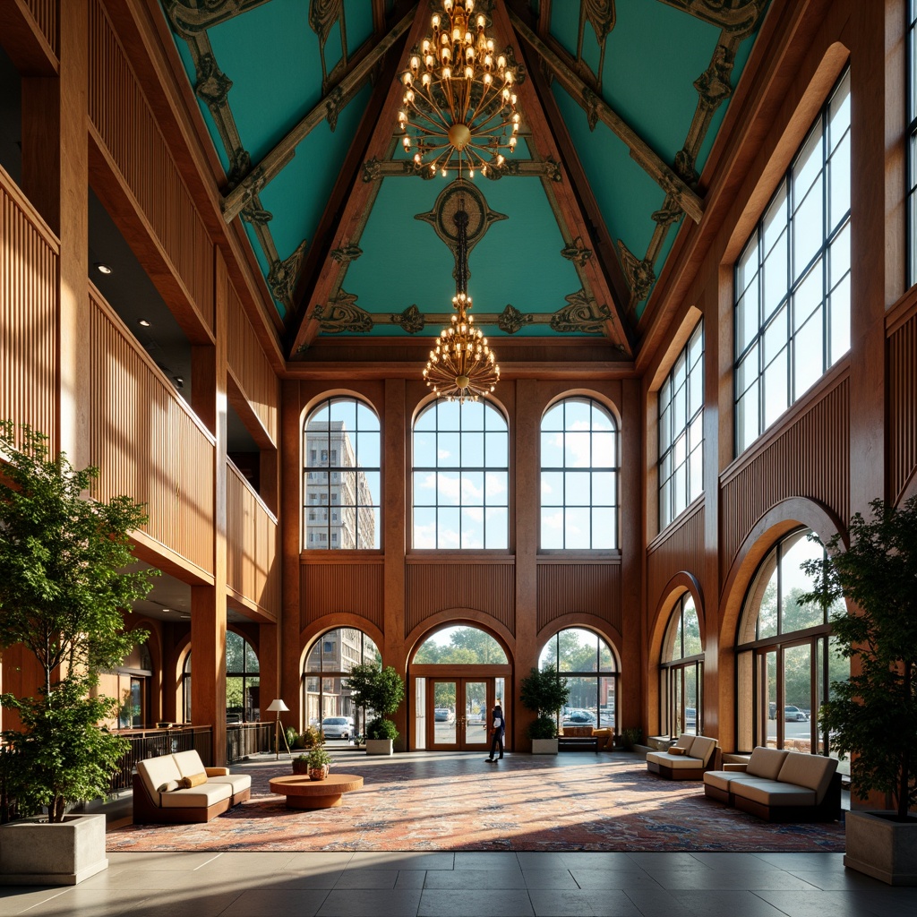 Prompt: Grand community center, Art Deco fa\u00e7ade, geometric patterns, ornate metalwork, vibrant turquoise accents, symmetrical entrance, grand staircase, lavish chandeliers, rich wood paneling, luxurious carpets, dramatic ceiling heights, large windows, bronze doors, urban cityscape, morning sunlight, soft warm lighting, shallow depth of field, 1/2 composition, realistic textures, ambient occlusion.