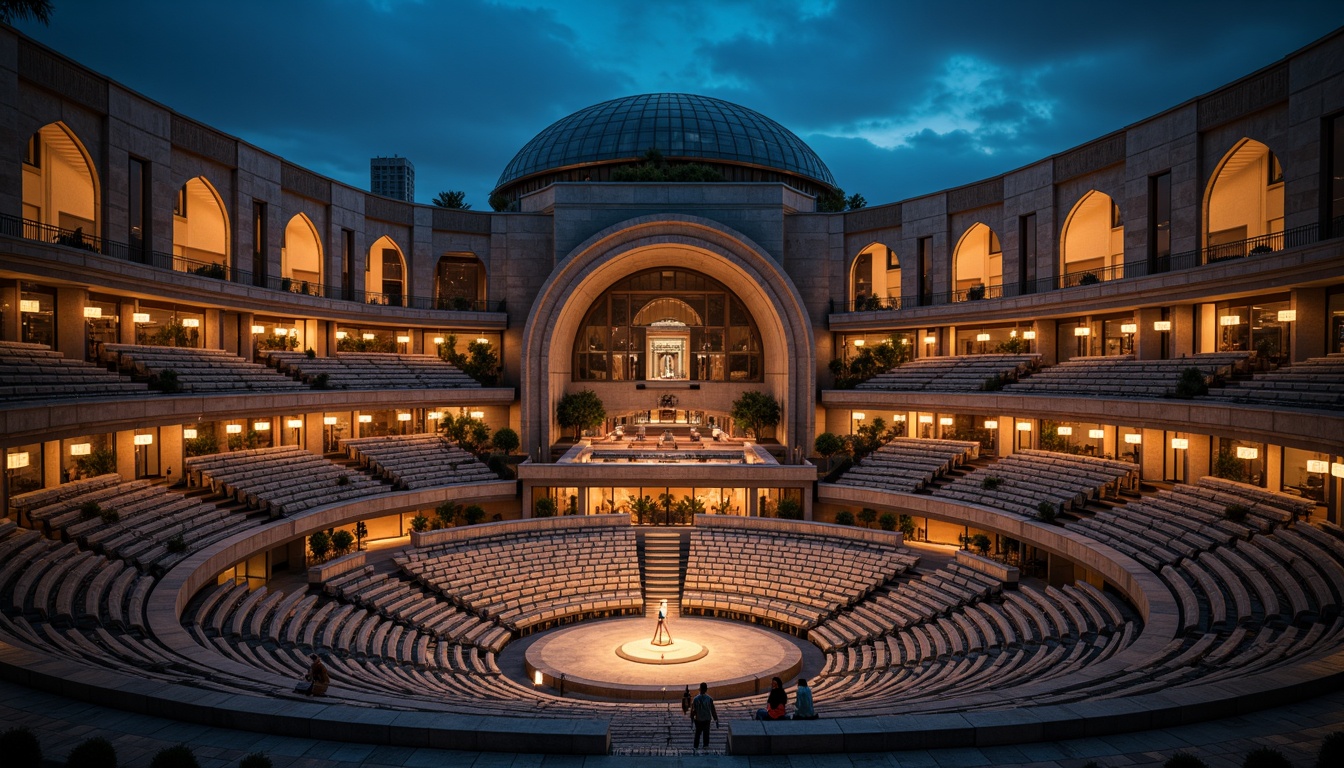 Prompt: Grand amphitheater, tiered seating, sweeping curves, fusion of modern and ancient architecture, dramatic lighting, nighttime atmosphere, warm glow, colossal stone walls, intricate arches, ornate columns, majestic dome, panoramic views, symmetrical composition, strong depth cues, realistic textures, ambient occlusion.