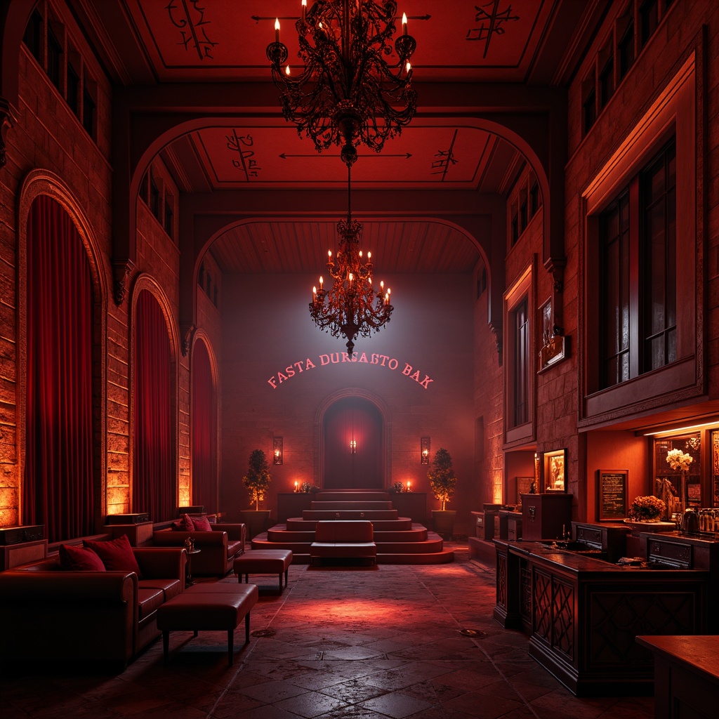 Prompt: Dark mysterious atmosphere, dim red lighting, ornate chandeliers, lavish velvet drapes, stone walls with Gothic arches, medieval-inspired furniture, rich wood accents, metal candelabras, fog machines, strobe lights, DJ booths with futuristic consoles, elevated stages, VIP lounges with crimson sofas, mystical symbols etched on walls, eerie sound effects, heavy bass speakers, dark metallic bars, ornate mirrors, mysterious alcoves, dramatic staircases, grandiose entrances, mystical ambiance.