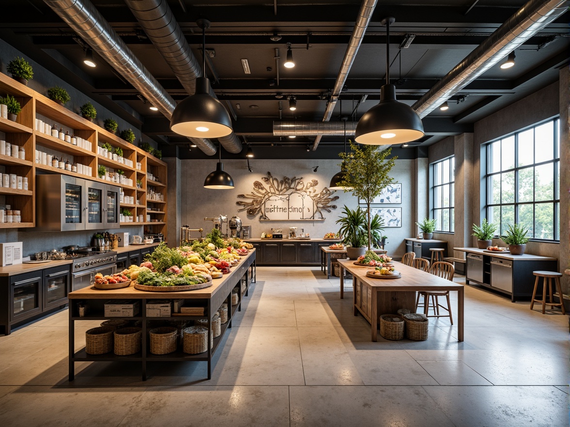 Prompt: Industrial-chic grocery store interior, exposed ductwork, polished concrete floors, minimalist shelving units, reclaimed wood accents, geometric patterned tiles, functional metal lighting fixtures, open display racks, vintage-inspired signage, modernist typography, monochromatic color scheme, abundance of natural light, high ceilings, urban loft-style atmosphere, functional decorative elements, industrial-style tables, stainless steel countertops, retro-futuristic appliances, eclectic decorative artifacts, abstract artwork, neutral-toned walls, emphasis on functionality, 1/2 composition, warm softbox lighting, subtle shadows, detailed textures.