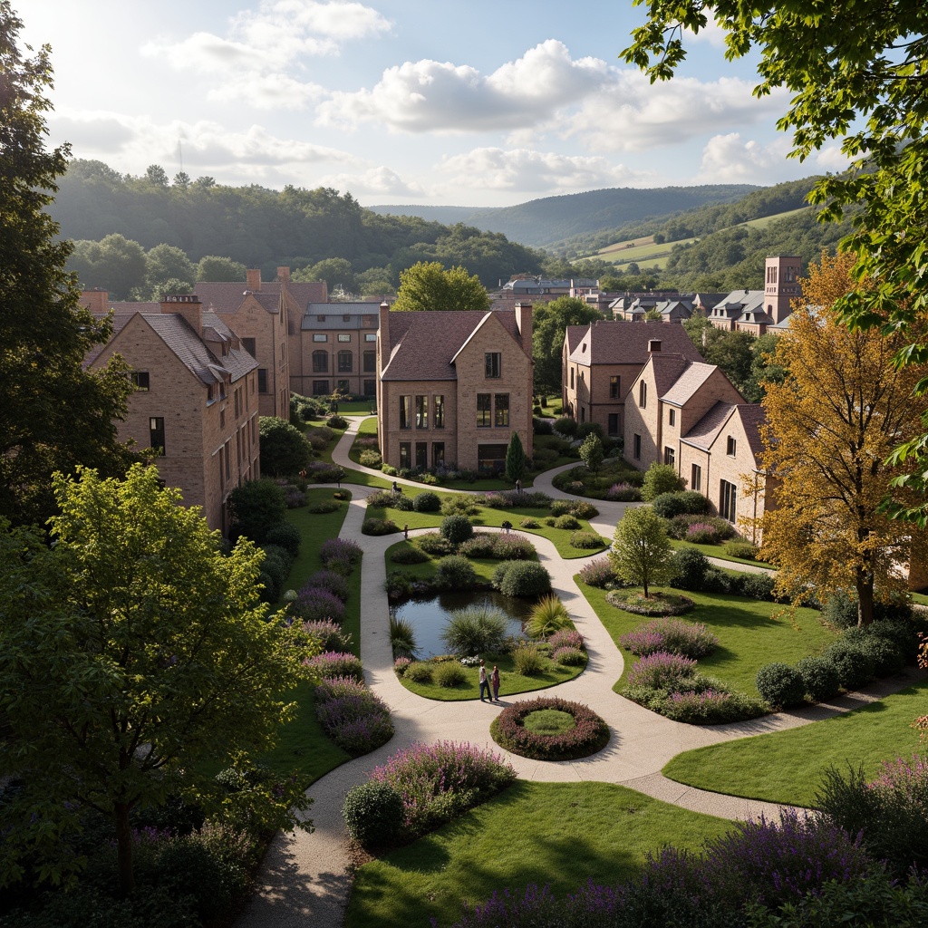 Prompt: Rustic university campus, medieval-inspired Gothic buildings, stone walls, pointed arches, stained glass windows, ornate fa\u00e7ades, lush greenery, mature trees, rolling hills, meandering pathways, scenic overlooks, tranquil water features, vibrant flowers, seasonal foliage, warm afternoon light, soft diffused shadows, 1/2 composition, atmospheric perspective, detailed textures, ambient occlusion.