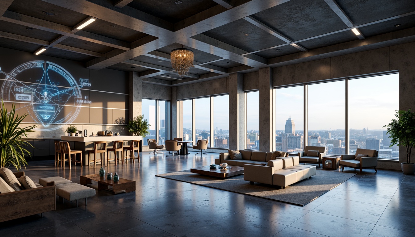 Prompt: Futuristic apartment interior, open-plan living space, minimalist decor, sleek metallic accents, holographic displays, ambient LED lighting, transparent glass walls, modular furniture, ergonomic seating, virtual reality zones, smart home automation, polished concrete floors, industrial-chic ceilings, floor-to-ceiling windows, urban cityscape views, soft warm glow, shallow depth of field, 3/4 composition, panoramic view, realistic textures, ambient occlusion.