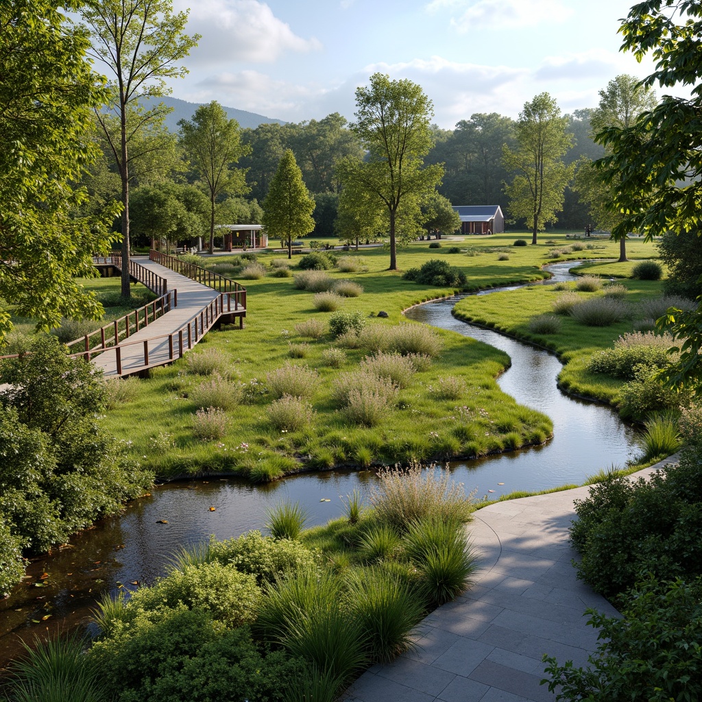 Prompt: Serene wetland landscape, lush green vegetation, tranquil water bodies, winding streams, meandering rivers, diverse wildlife habitats, native aquatic plants, natural stone pathways, wooden boardwalks, observation decks, interpretive signage, educational exhibits, rustic wooden bridges, scenic overlooks, sunny day, soft warm lighting, shallow depth of field, 3/4 composition, panoramic view, realistic textures, ambient occlusion.