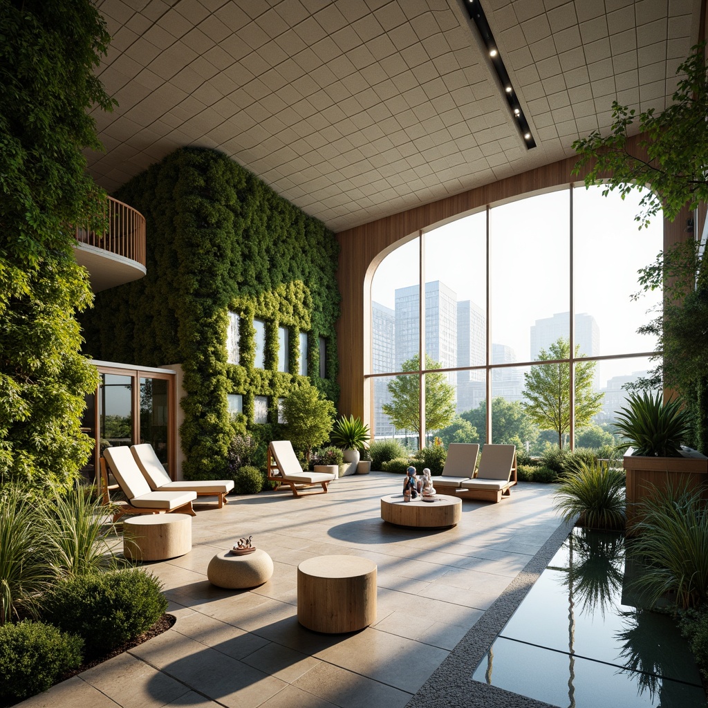 Prompt: Futuristic hospital interior, natural materials, living walls, green roofs, organic shapes, curved lines, calming ambiance, soft warm lighting, large windows, cityscape views, urban forestry, misting systems, water features, natural stone floors, reclaimed wood accents, bio-inspired furniture, ergonomic design, virtual reality therapy rooms, AI-powered healthcare facilities, futuristic medical equipment, minimalist decor, ambient occlusion, shallow depth of field, 3/4 composition, panoramic view, realistic textures.